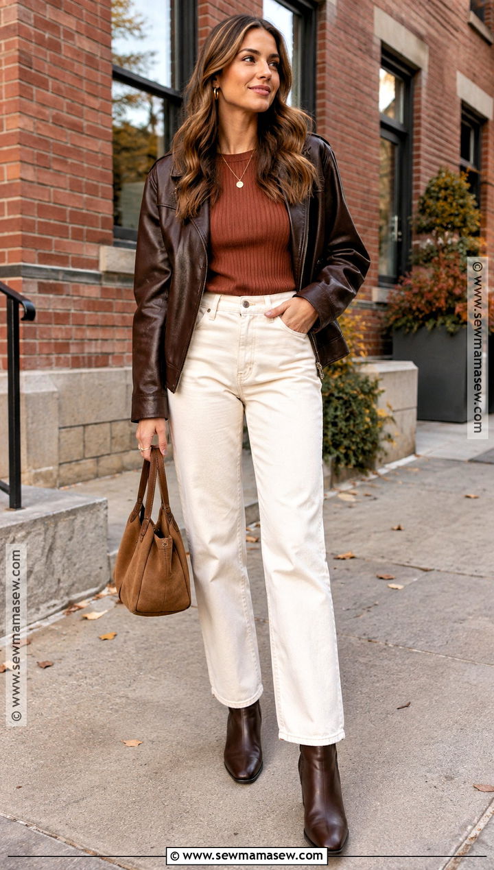 Cream Jean Outfit With Brown Leather Jacket - 20 Cute Fall Jean Outfits
