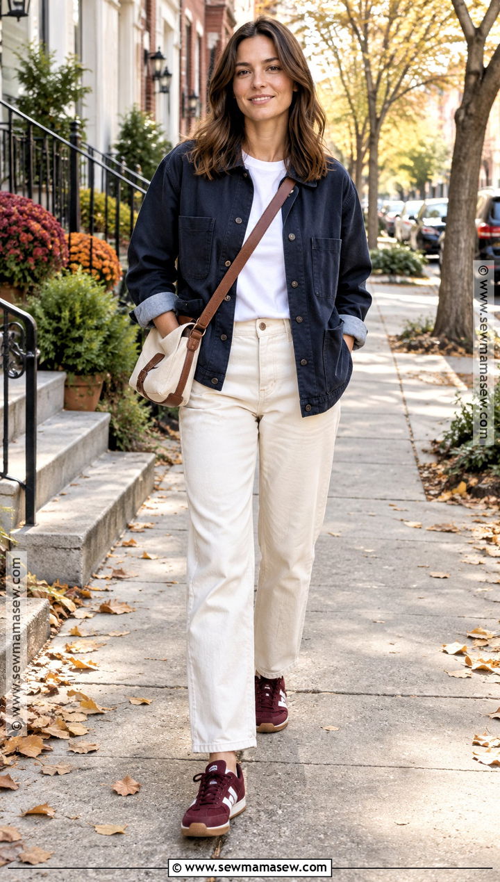 Cream Jeans With Chore Jacket And Retro Sneakers - 20 cream jeans outfit fall