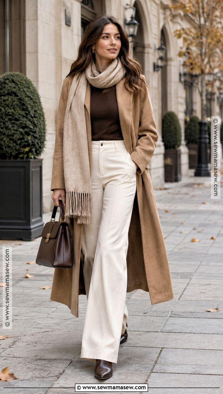 Cream Jeans With Long Wool Coat And Knit Top - 20 cream jeans outfit fall