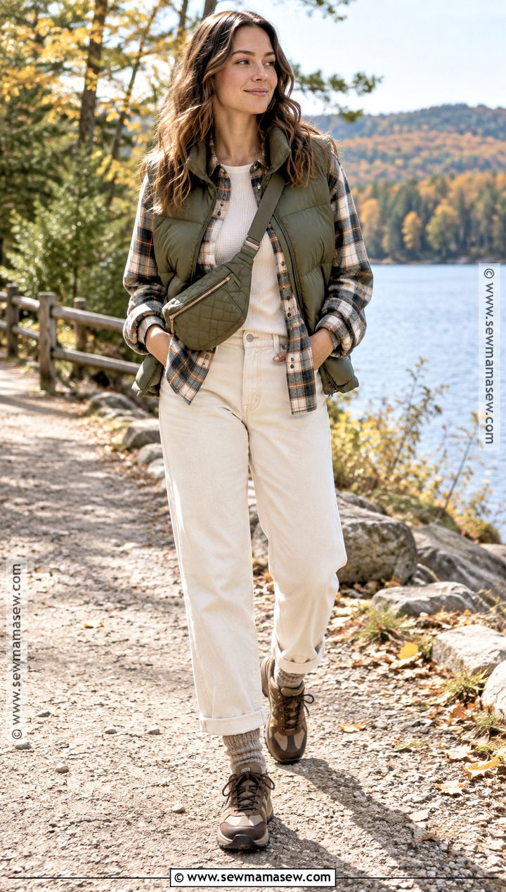 Cream Jeans With Puffer Vest And Hiking Sneakers - 20 cream jeans outfit fall