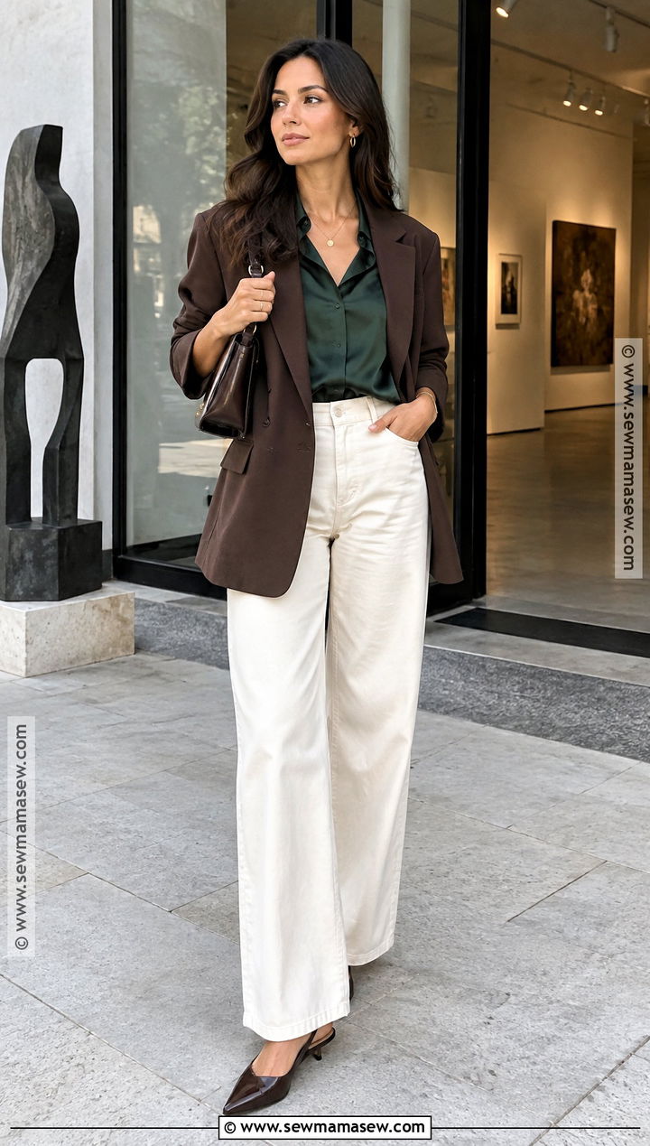 Cream Jeans With Satin Blouse And Blazer - 20 cream jeans outfit fall