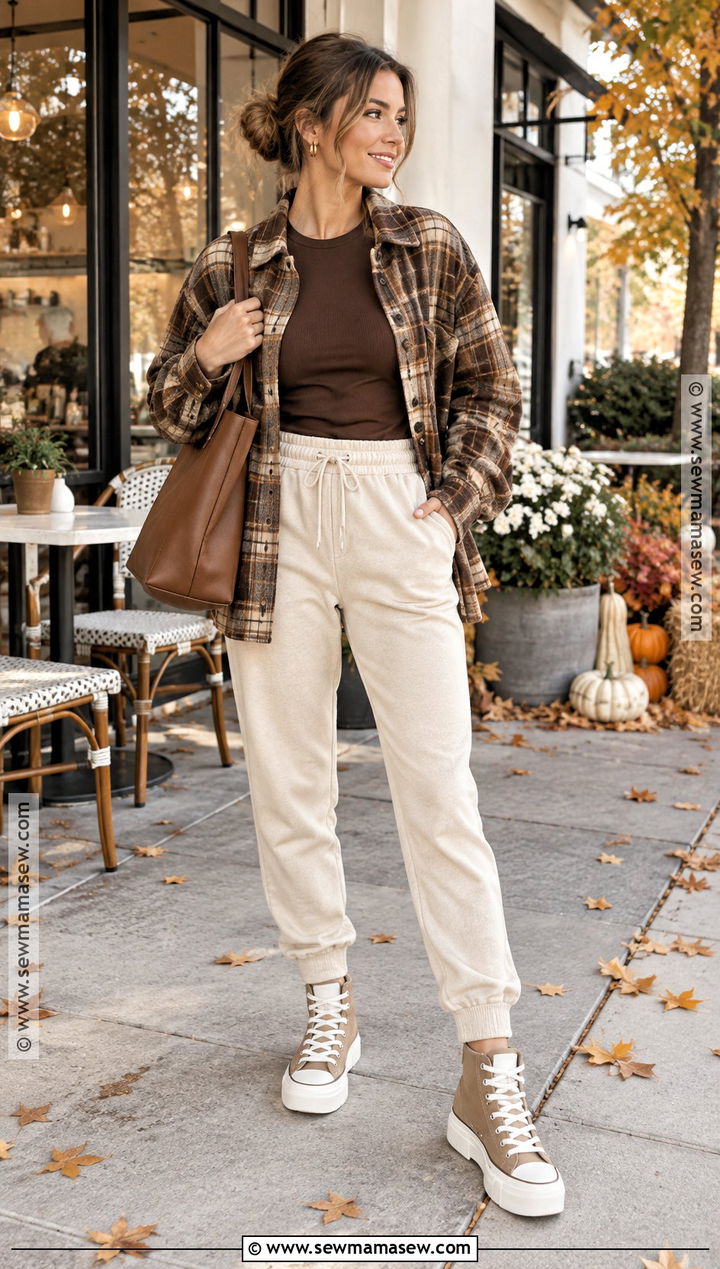 Cream Jogger Outfit With Shacket - 15 Fall Jogger Outfits Casual