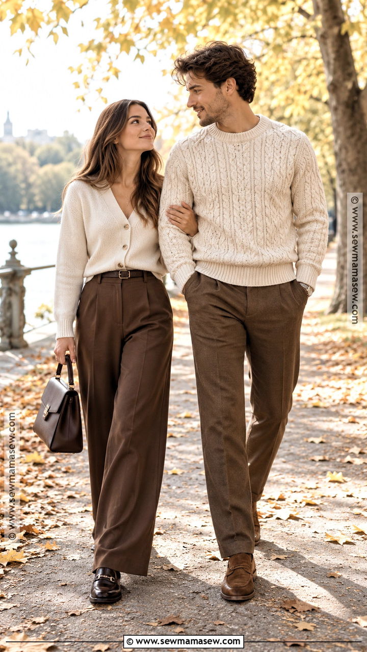 Cream Knit And Brown Trousers Couple Outfit - 20 Fall Outfit Ideas for Couples