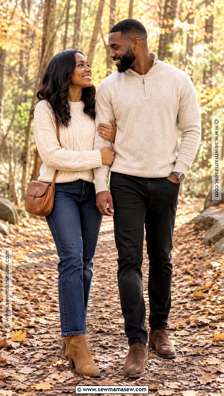 Cream Knit And Dark Jeans Fall Couples Outfit - 15 black couples fall photoshoot outfits