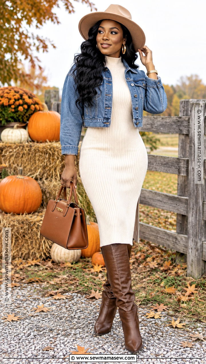 Cream Knit Dress And Brown Boots Pumpkin Patch Outfit - 25 pumpkin patch outfit ideas for black women