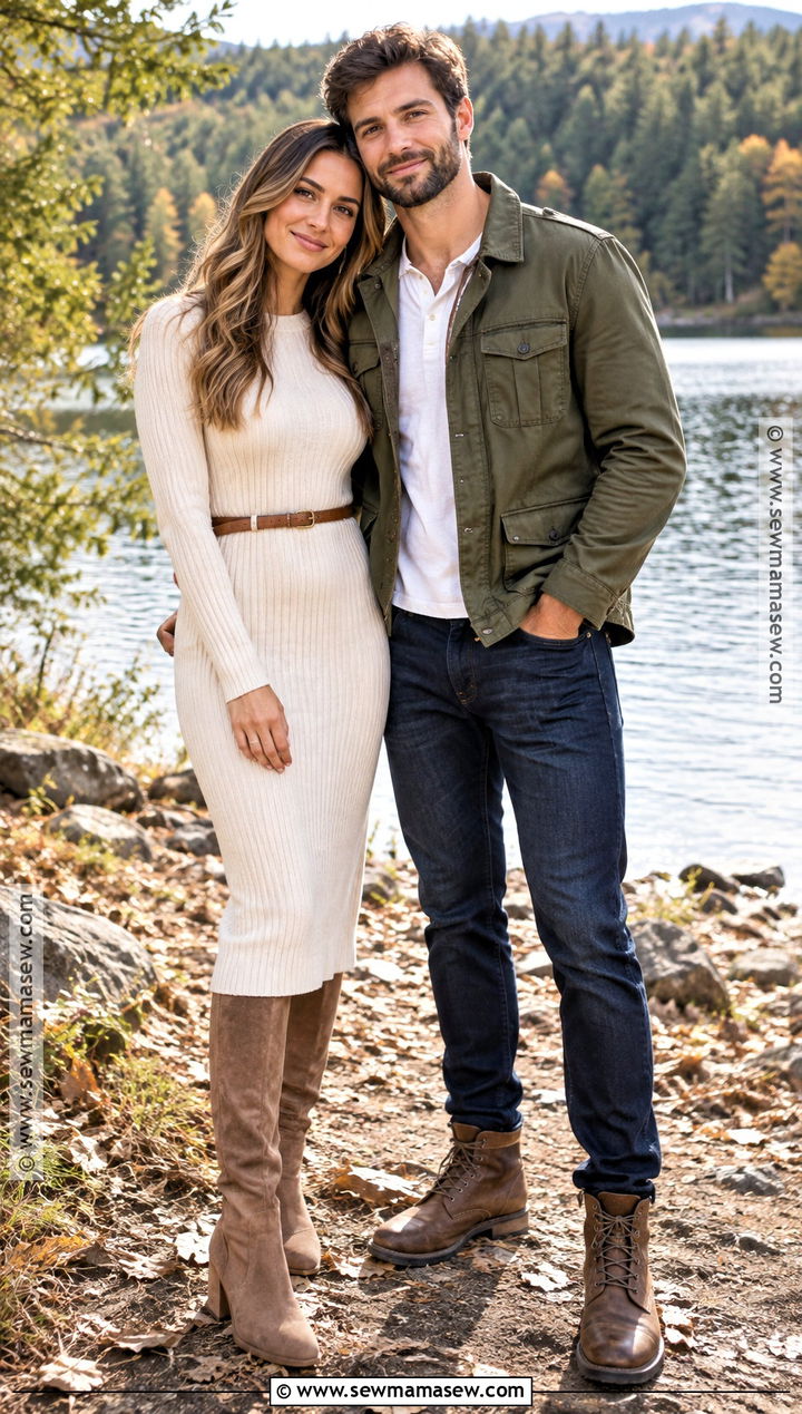 Cream Knit Dress And Olive Jacket September Couple Outfit - 15 september couple photoshoot outfits
