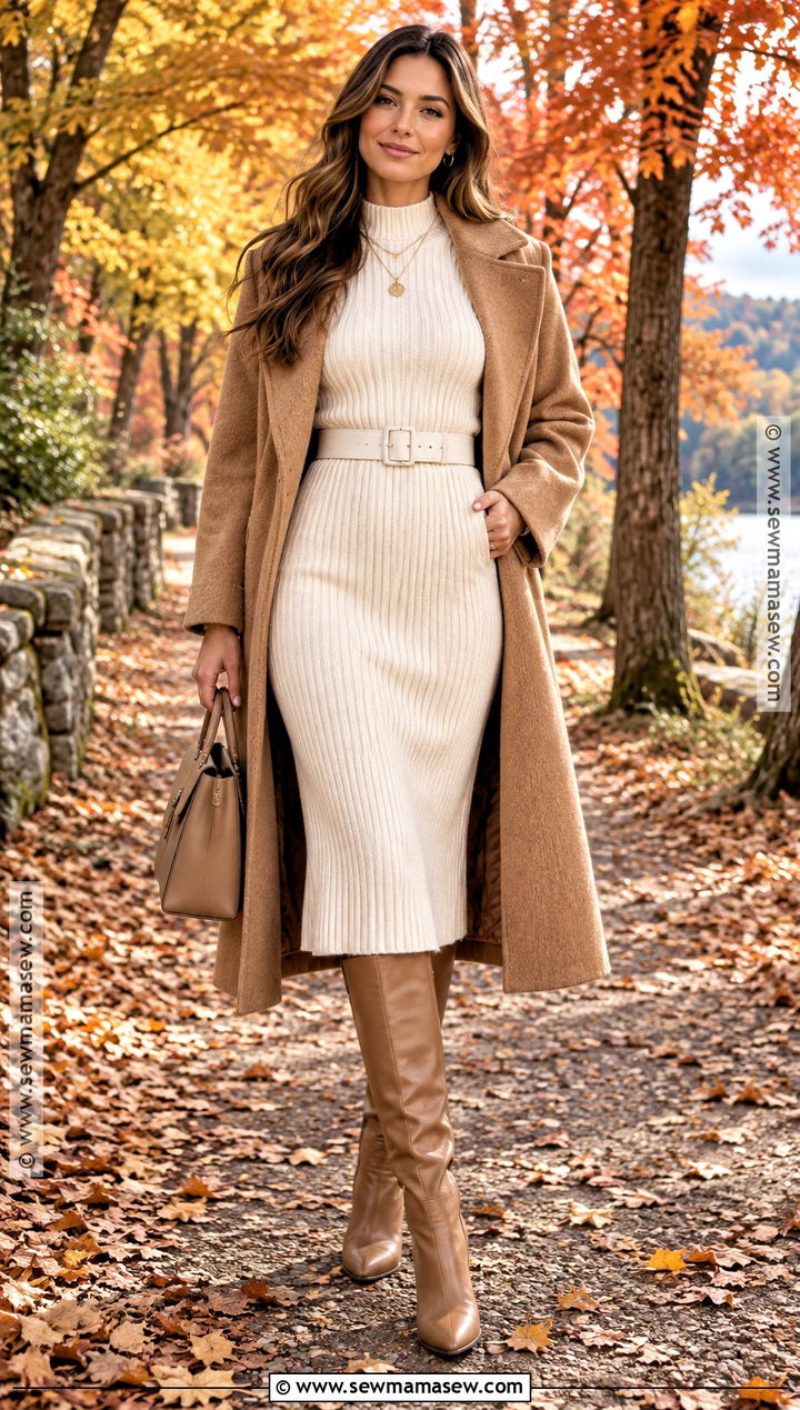Cream Knit Dress and Knee High Boots Fall Photoshoot Outfit - 25 Fall Photoshoot Outfits
