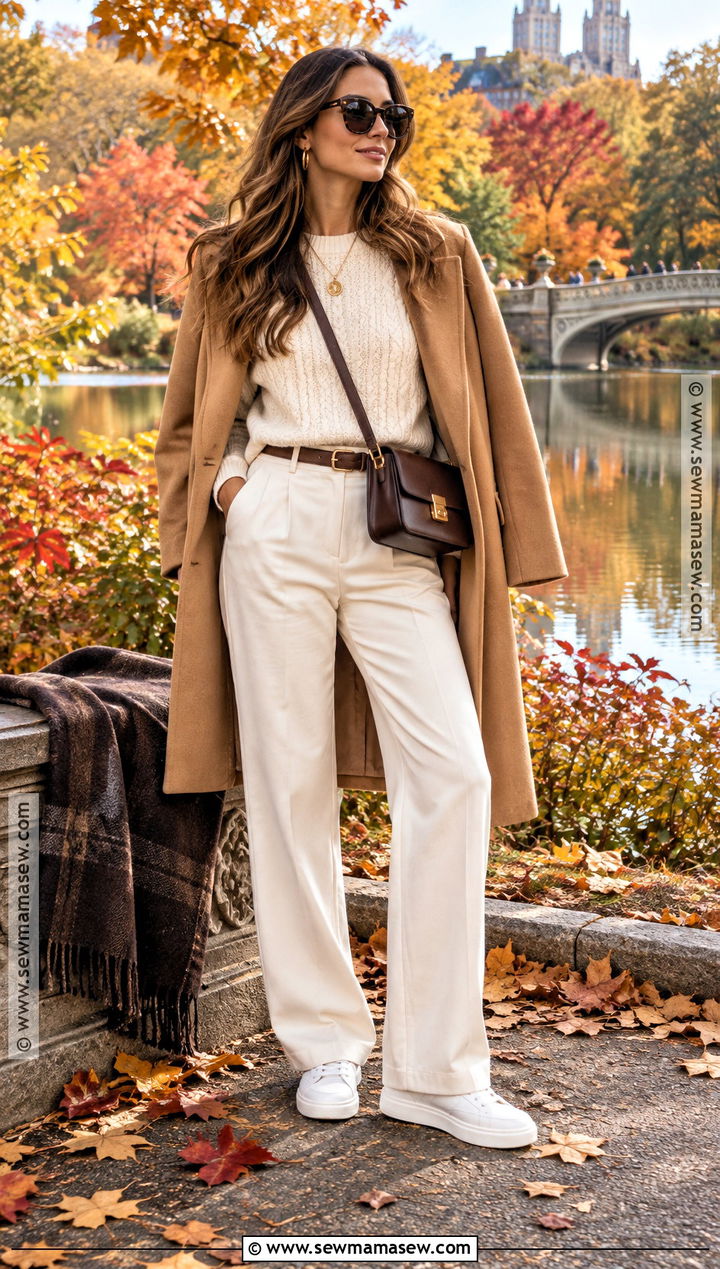 Cream Knit Fall Picnic Outfit With Trousers And Sneakers - 20 picnic outfit fall ideas