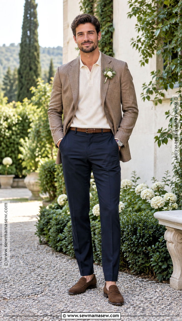 Cream Knit Polo And Navy Trousers Fall Groom Outfit - 15 casual fall groom attire ideas