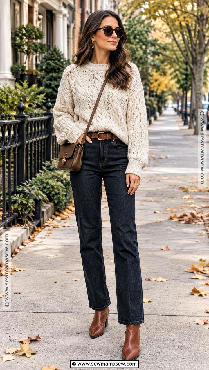 Cream Knit Sweater With Straight Leg Jeans - 15 Cream Knit Sweater Fall Fashion Ideas