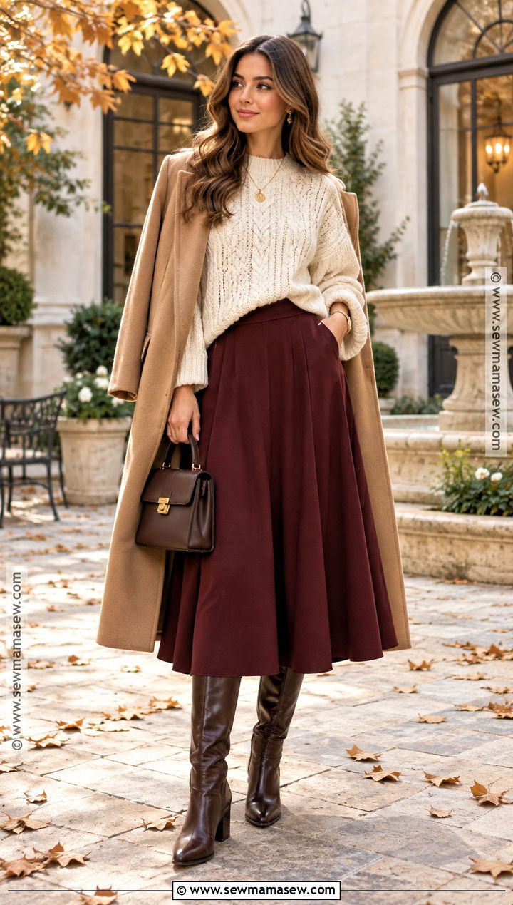 Cream Knit Sweater With a Burgundy Midi Skirt - 15 Cream Knit Sweater Fall Fashion Ideas