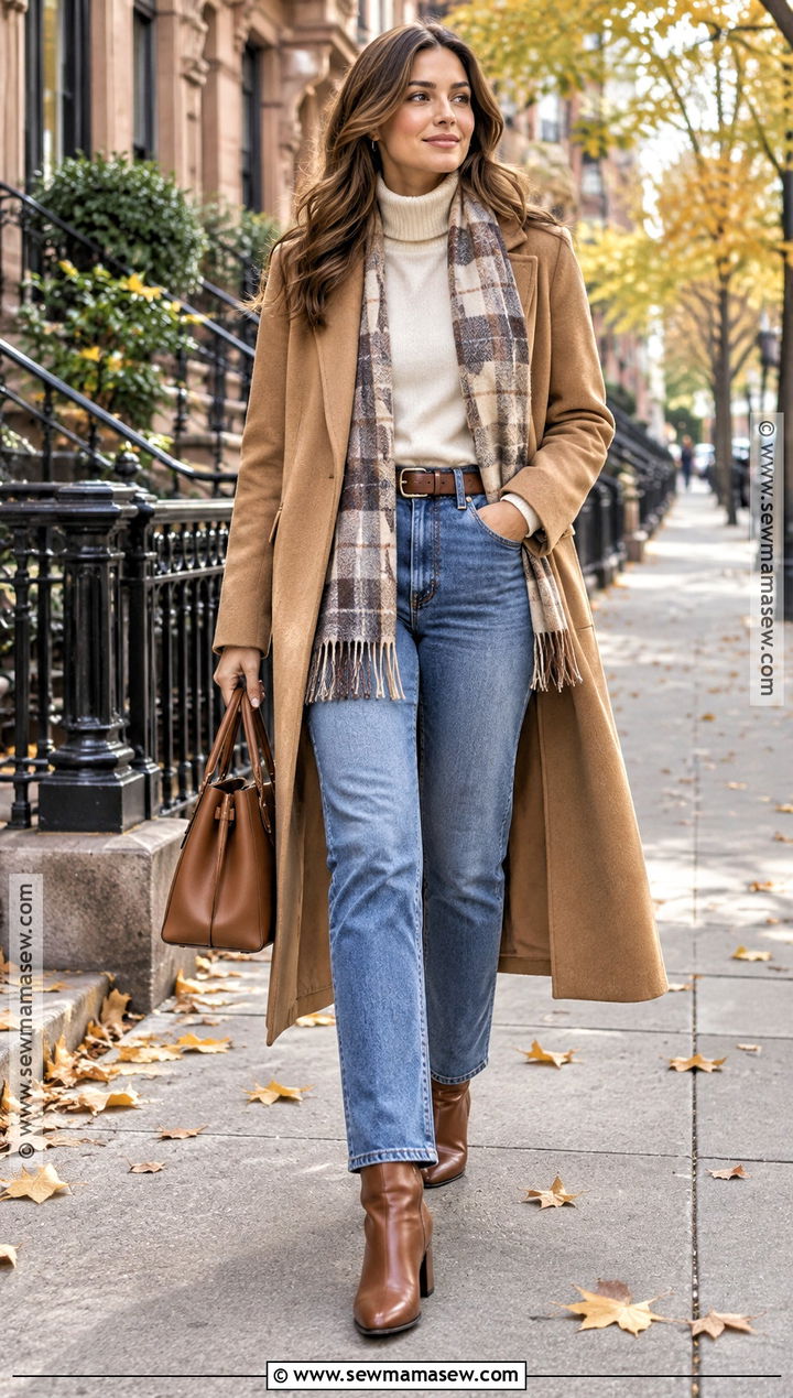 Cream Knit Sweater With a Camel Coat and Jeans - 15 Cream Knit Sweater Fall Fashion Ideas
