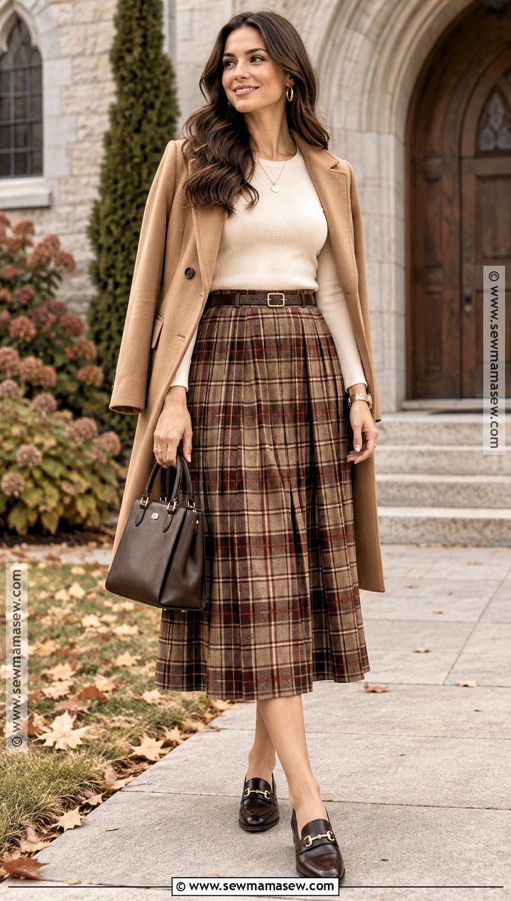 Cream Knit Top And Plaid Midi Skirt Baptism Outfit - 20 Fall Baptism Outfit Ideas for Women