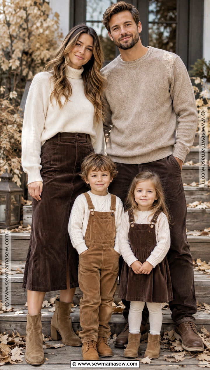 Cream Knit and Brown Corduroy Fall Family Photo Outfits - 20 Neutral Fall Family Photo Outfits