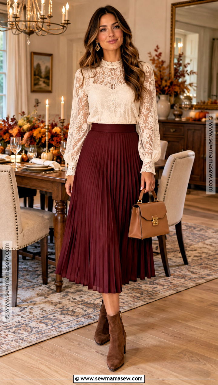 Cream Lace Blouse With Burgundy Midi Skirt - 20 Thanksgiving Lace Styles