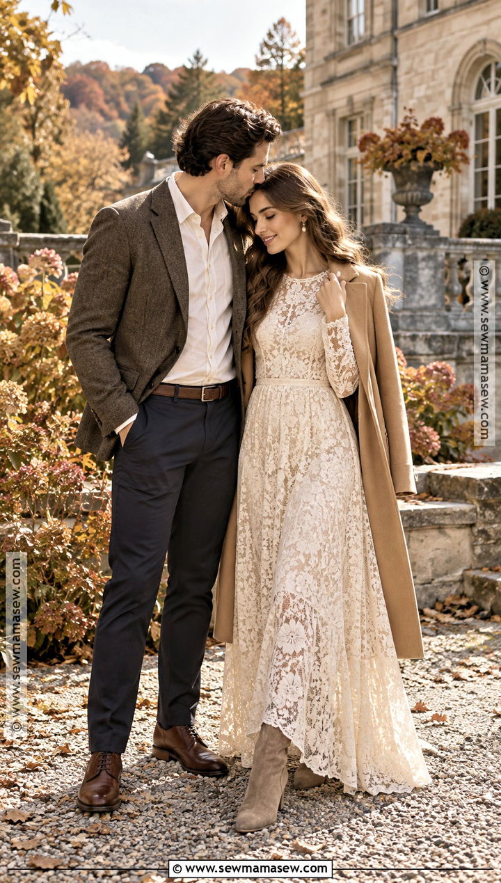Cream Lace Engagement Photo Dress With Wool Coat - 15 engagement photos dress fall ideas