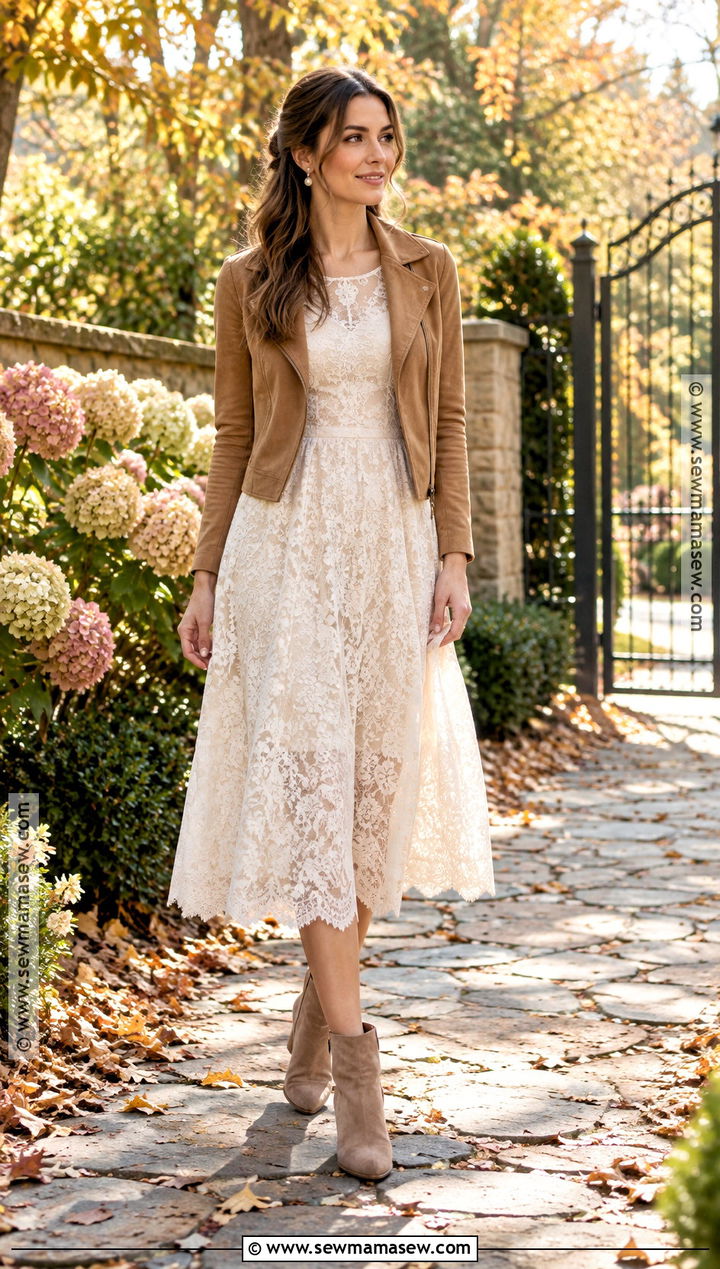 Cream Lace Midi Dress With Suede Jacket - 15 fall engagement photos dress ideas