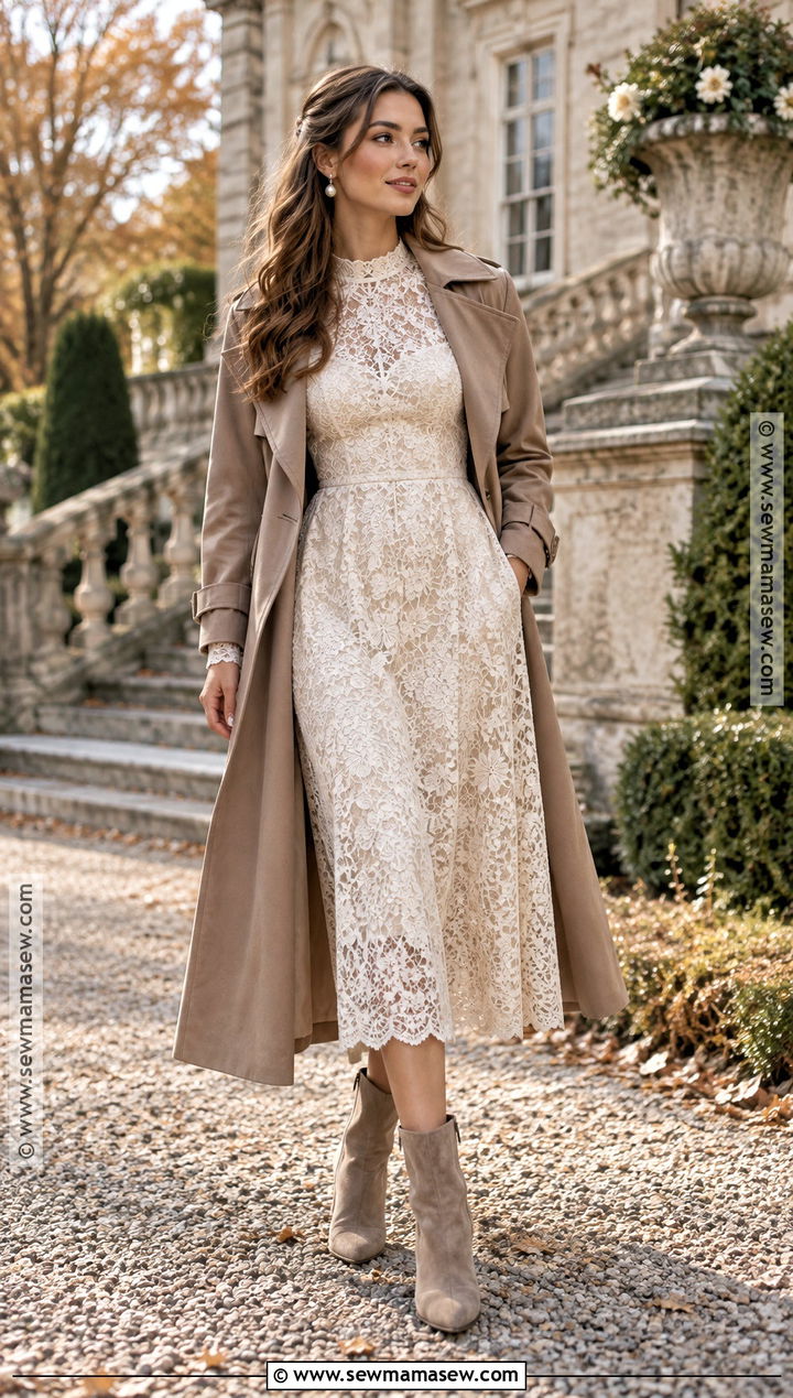 Cream Lace Midi Dress With Taupe Trench Coat - 15 fall engagement pictures dress ideas