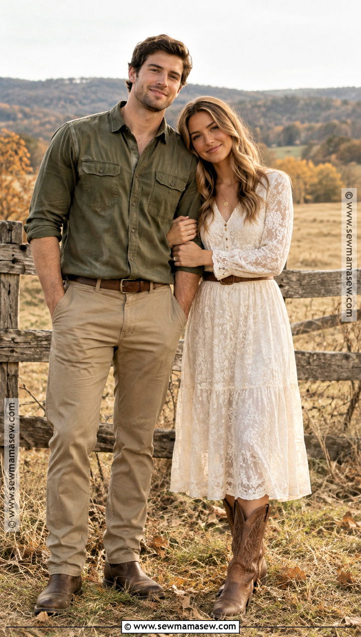 Cream Lace Midi Dress With Western Boots - 15 boho engagement photos outfits fall