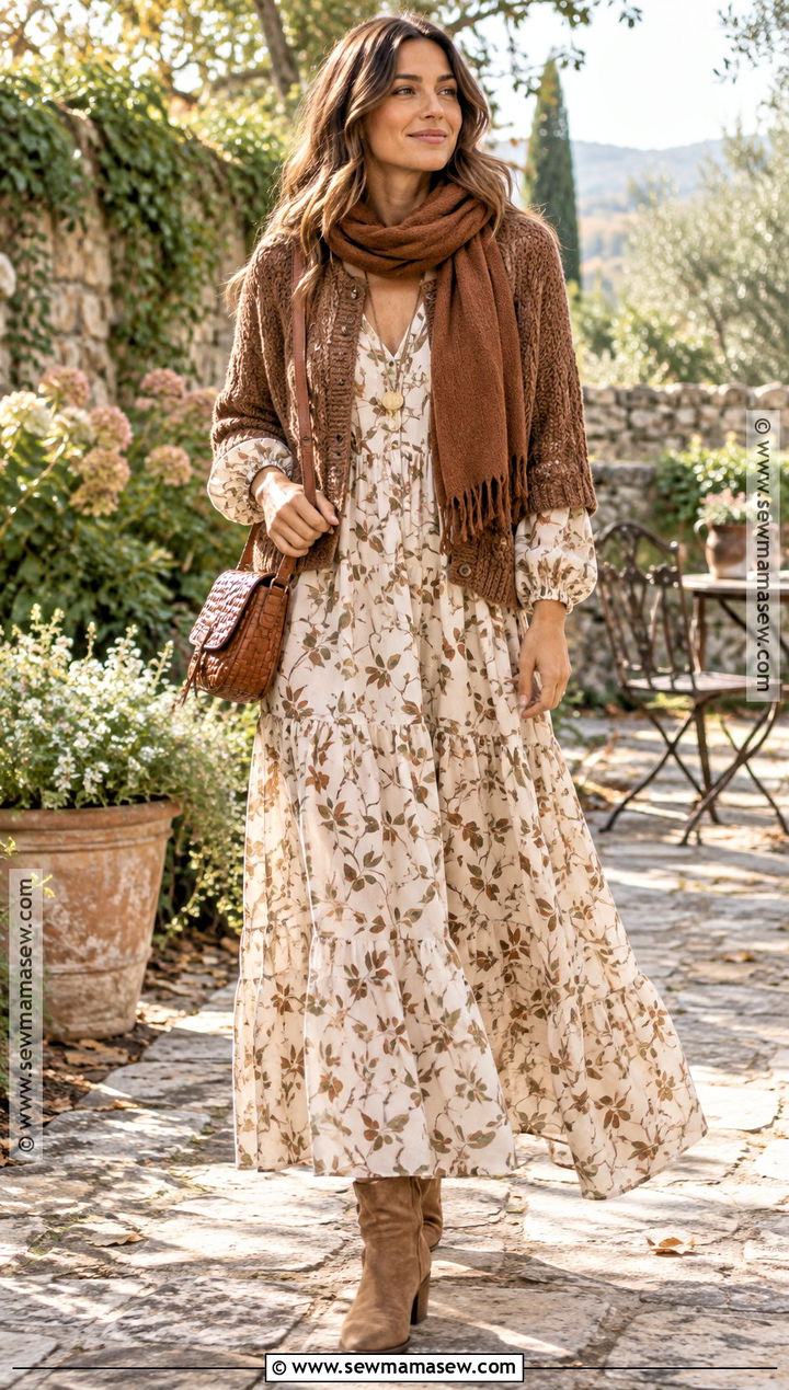 Cream Leaf Print Boho Dress Outfit - 15 Fall Leaf Dress Ideas