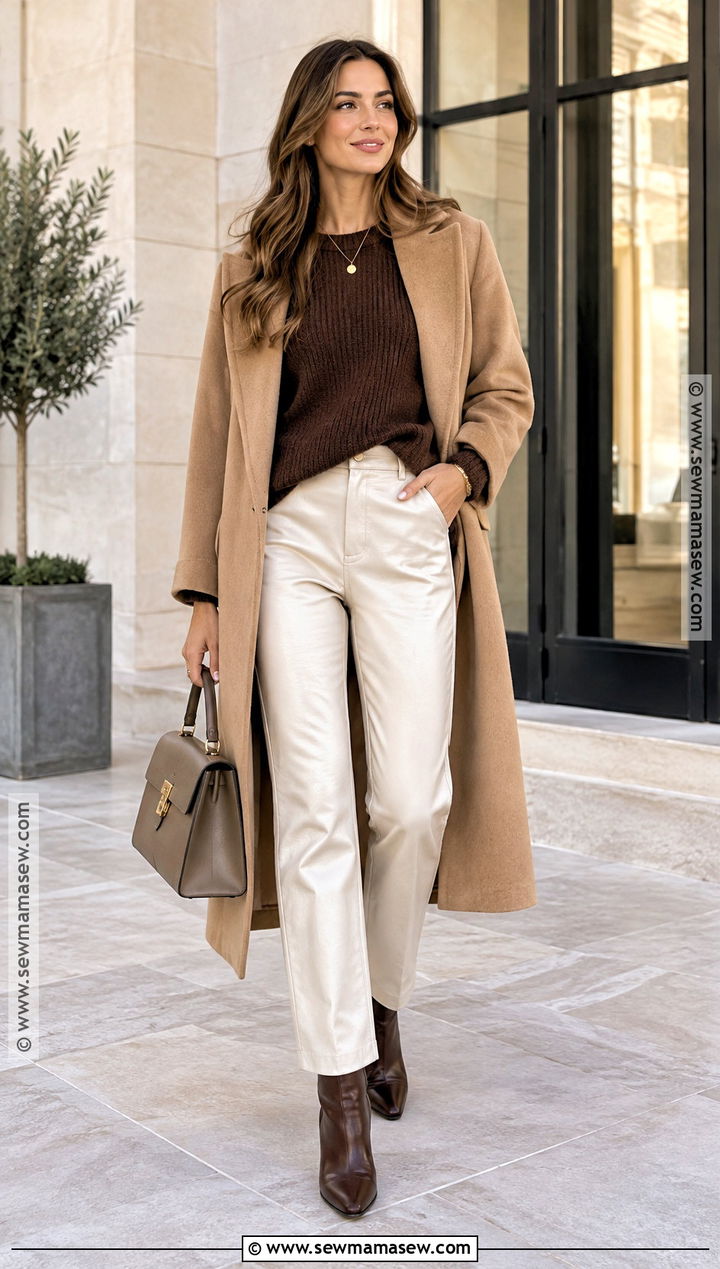 Cream Leather Pants With Chocolate Sweater - 20 Leather Pants Outfit Fall