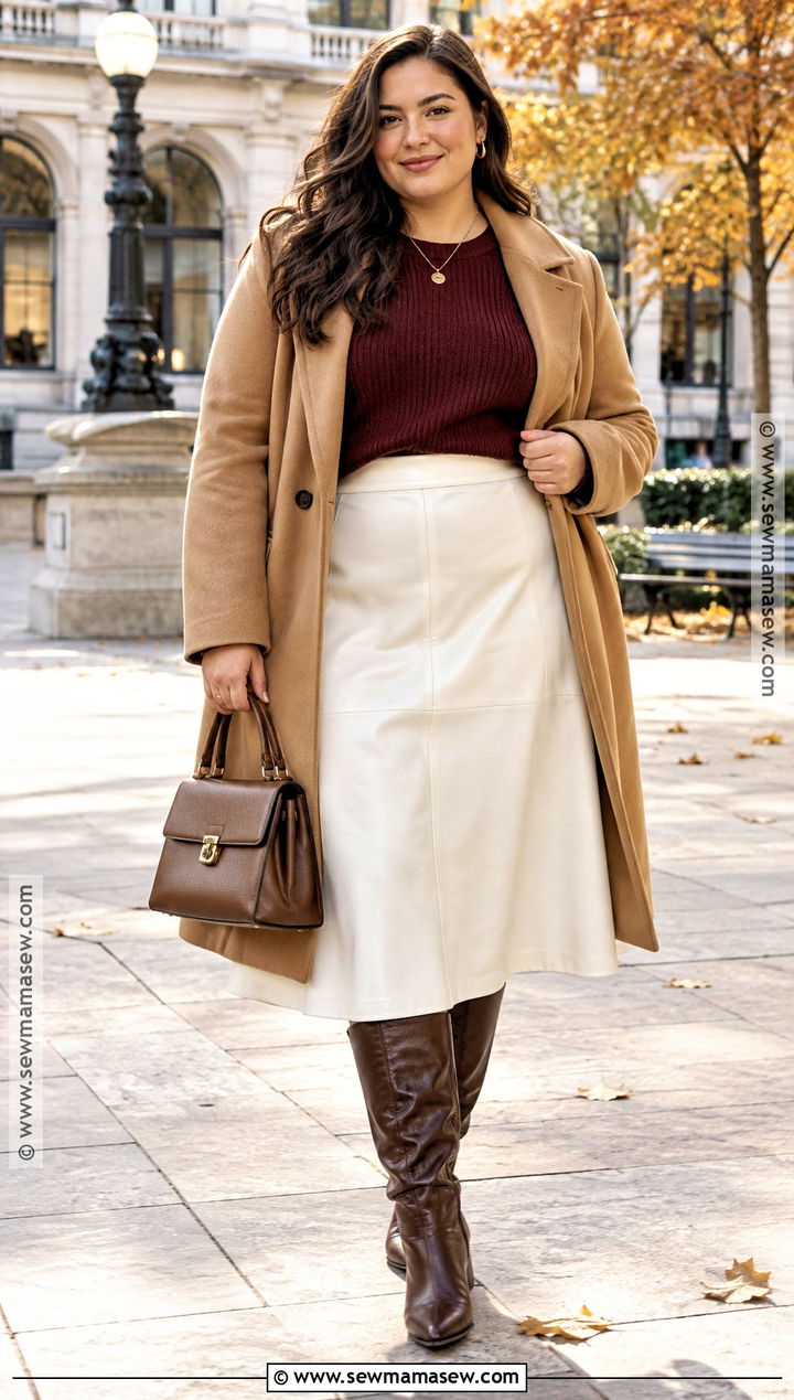 Cream Leather Skirt With Burgundy Knit And Brown Boots - 15 autumn leather skirt style ideas