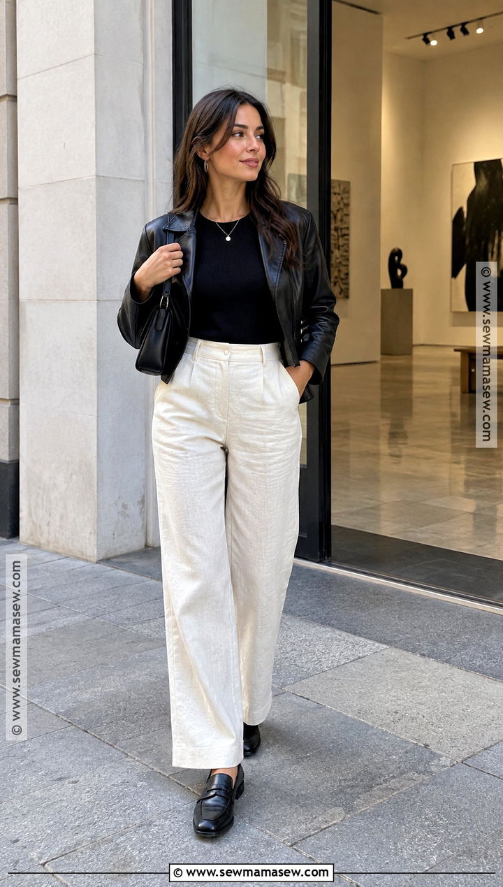 Cream Linen Pants With A Leather Jacket - 25 linen pants fall outfit
