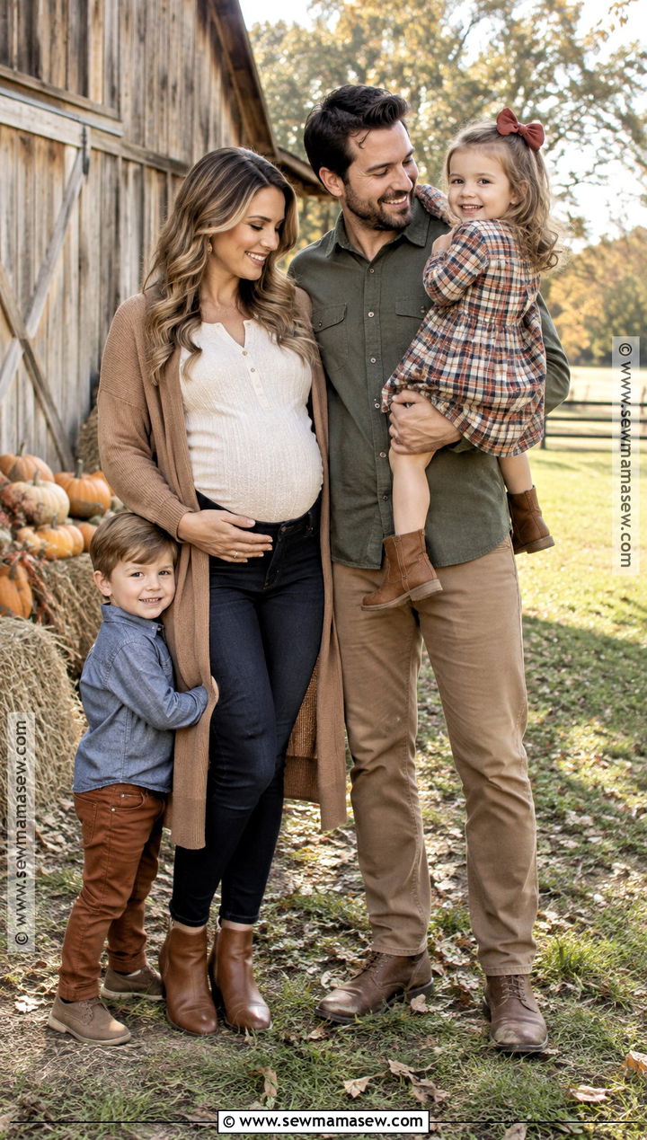 Cream Maternity Blouse And Dark Jeans Family Outfit - 15 fall family pictures outfits pregnant