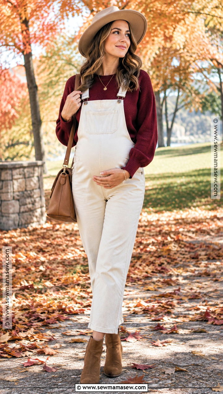 Cream Maternity Overalls With Burgundy Sweater - 15 maternity overalls outfit fall