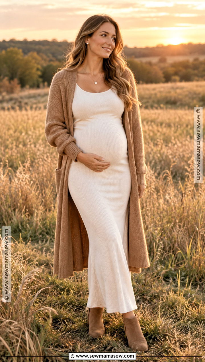 Cream Maxi Dress With Camel Cardigan - 15 september maternity pictures outfits