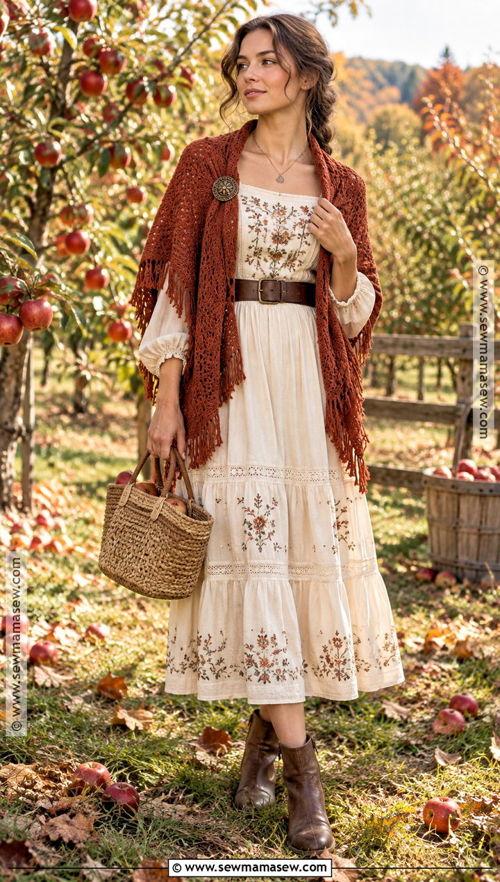 Cream Midi Dress And Knitted Shawl Autumn Cottagecore Outfit - 25 autumn cottagecore outfit ideas