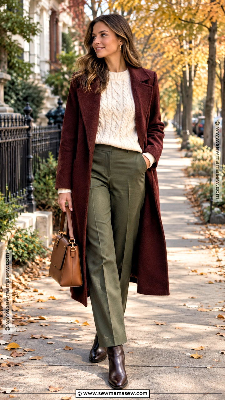 Cream Olive and Burgundy Layered Outfit - 20 Fall Color Combinations Outfit Ideas