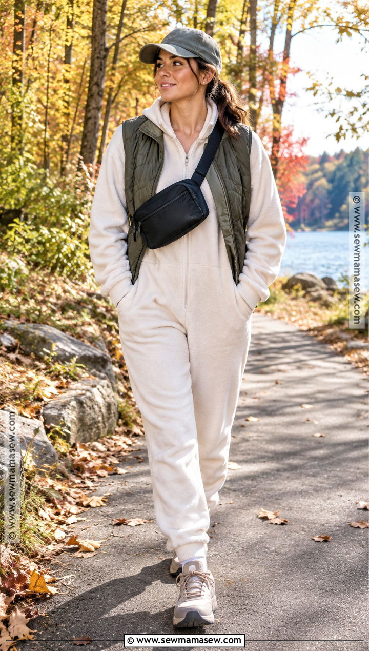 Cream Onesie With Quilted Vest and Hiking Sneakers - 15 onesie fall outfit ideas