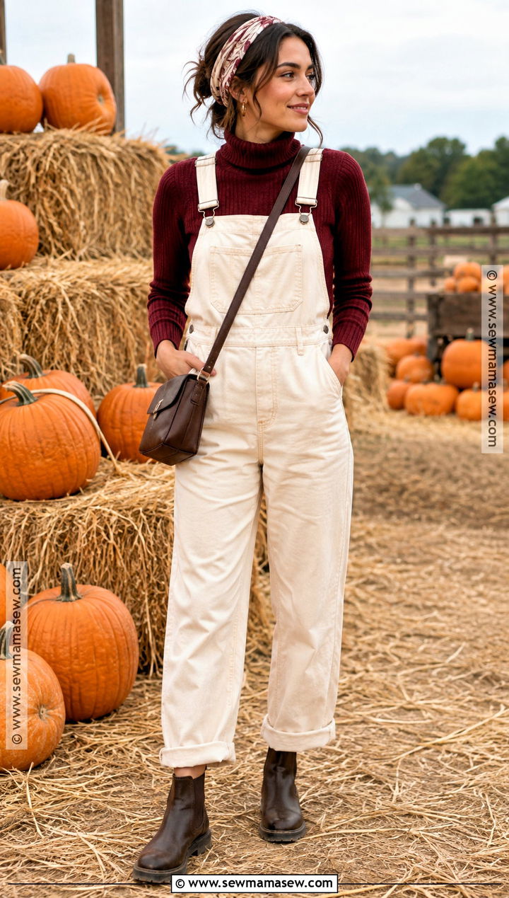 Cream Overalls With A Burgundy Turtleneck - 15 Pumpkin Patch Overalls