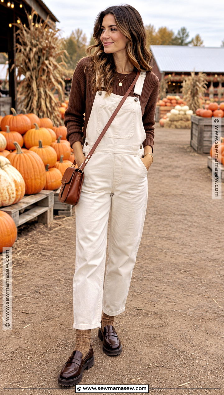 Cream Overalls With Brown Sweater And Loafers - 20 Pumpkin Patch Outfit Overalls