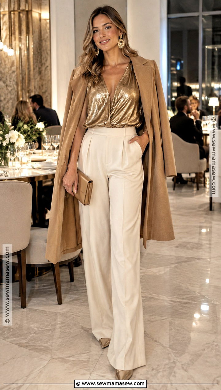 Cream Pants And Gold Top Fall Party Outfit - 25 fall party outfit night ideas