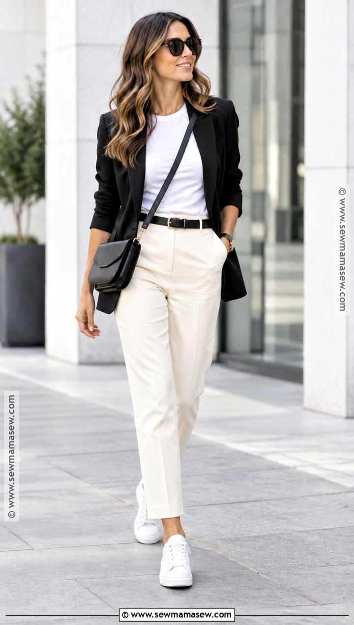 Cream Pants With Black Blazer And Sneakers - 20 cream pants outfit fall