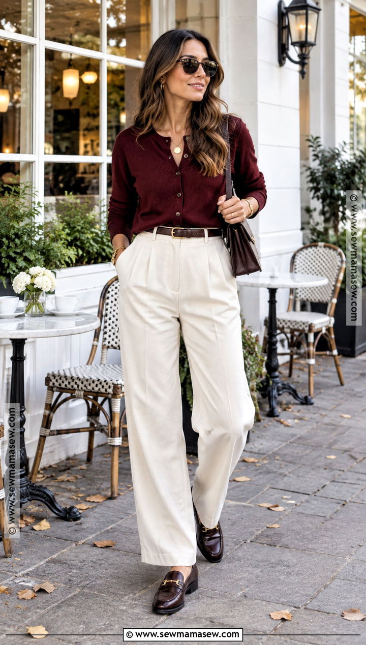 Cream Pants With Burgundy Cardigan And Loafers - 20 cream pants outfit fall