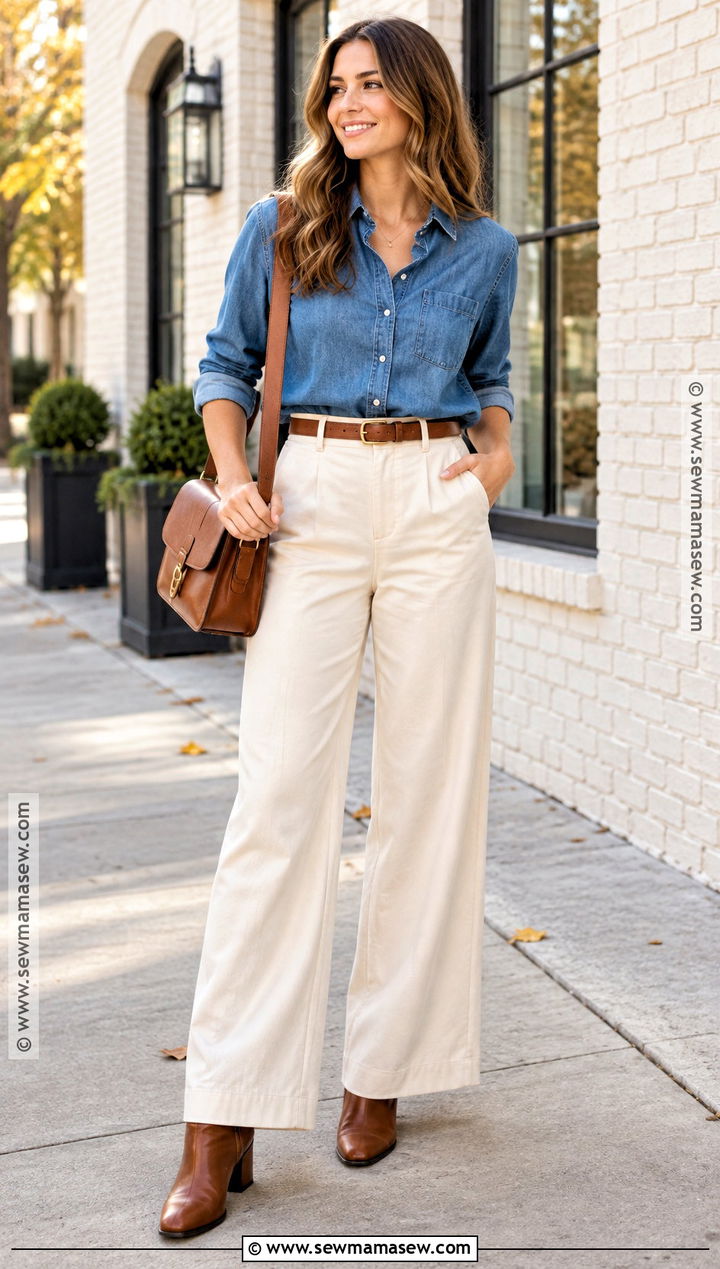 Cream Pants With Denim Shirt And Ankle Boots - 20 cream pants outfit fall