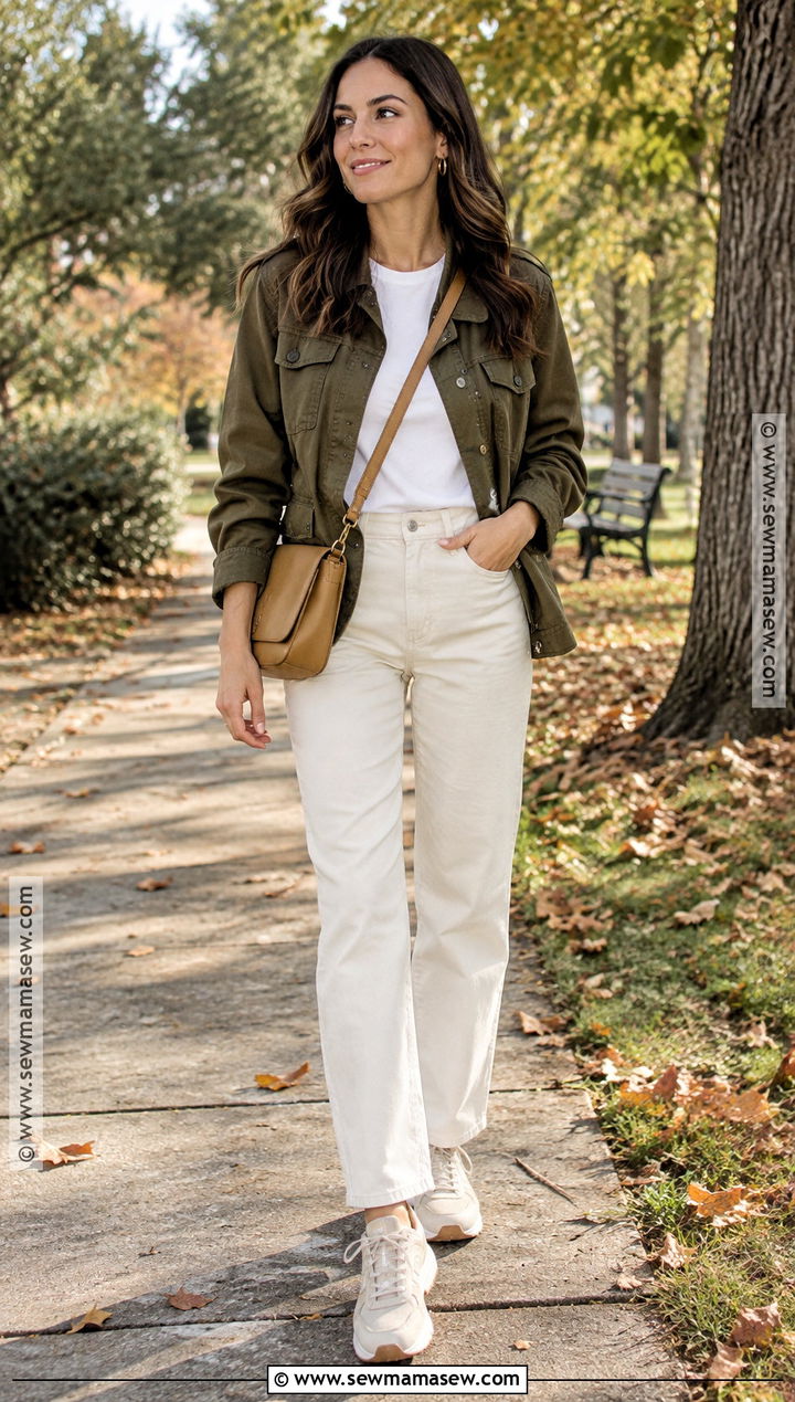 Cream Pants With Olive Utility Jacket And Sneakers - 20 cream pants outfit fall