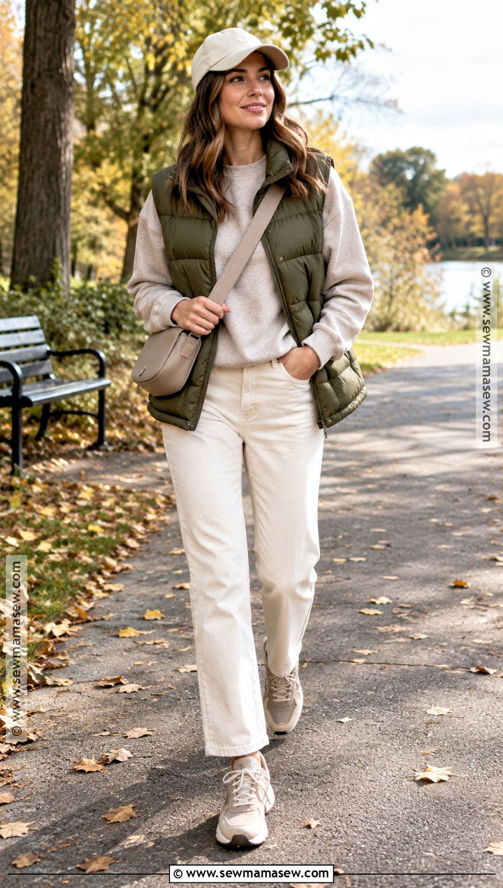 Cream Pants With Puffer Vest And Sweatshirt - 20 cream pants outfit fall
