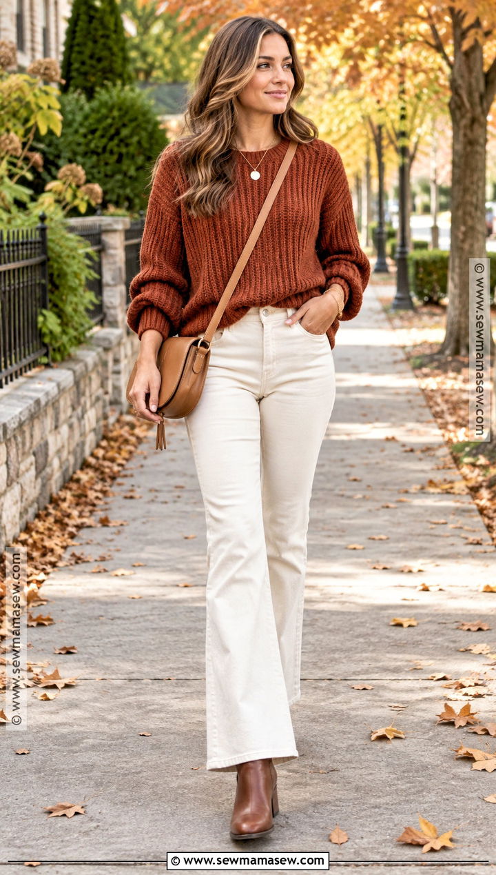 Cream Pants With Rust Sweater And Brown Boots - 20 cream pants outfit fall
