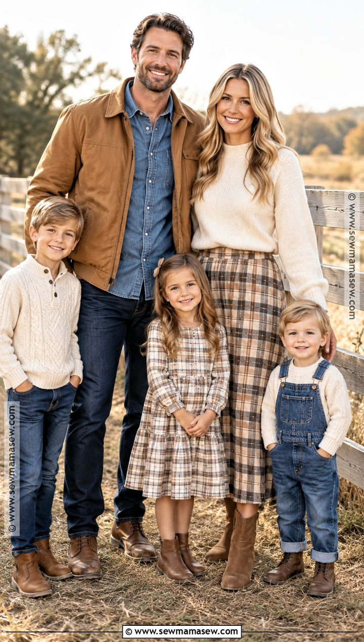 Cream Plaid And Denim Fall Family Picture Outfit - 20 fall picture outfits for family