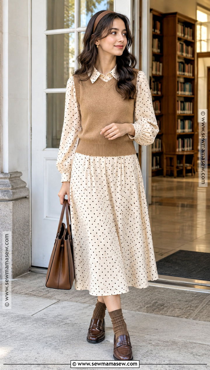 Cream Polka Dot Dress With A Sweater Vest - 15 autumn polka dot dress ideas