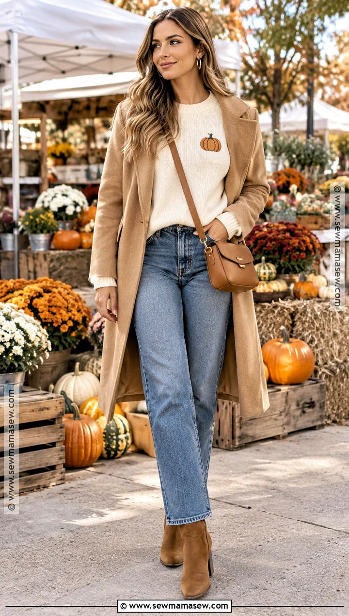 Cream Pumpkin Embroidered Sweatshirt Outfit With Jeans - 20 Fall Embroidered Sweatshirts Ideas