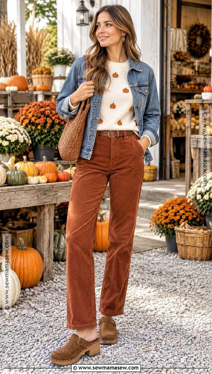 Cream Pumpkin Jumper With Corduroy Pants and Clogs - 15 pumpkin jumper ideas