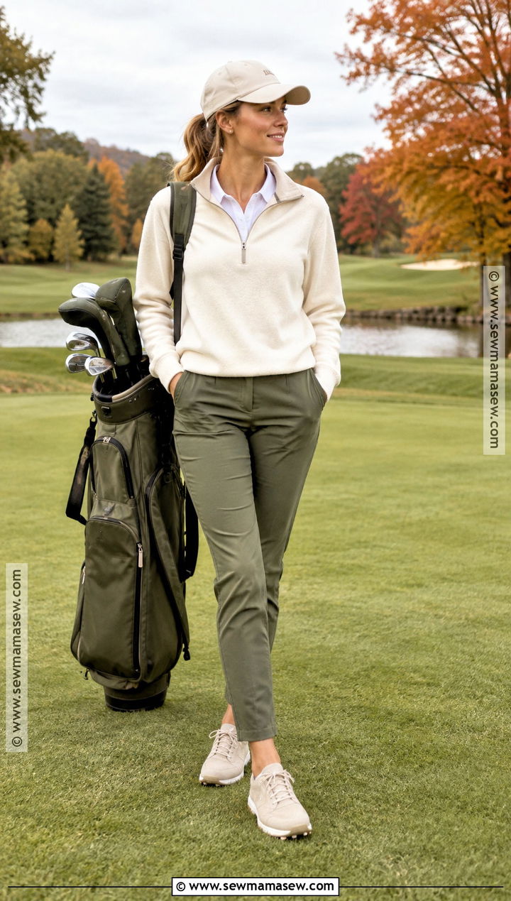 Cream Quarter Zip And Olive Pants Fall Golf Outfit - 25 fall golf outfit ideas for women