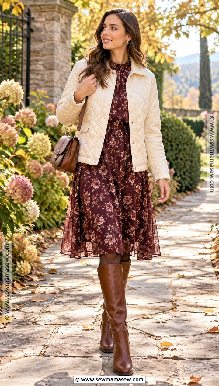 Cream Quilted Jacket With A Floral Midi Dress - 15 cream quilted jacket fall ideas