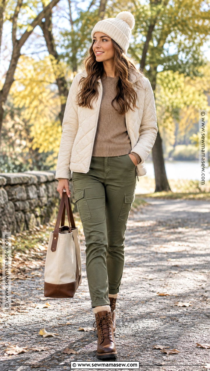 Cream Quilted Jacket With Olive Cargo Pants - 15 cream quilted jacket fall ideas
