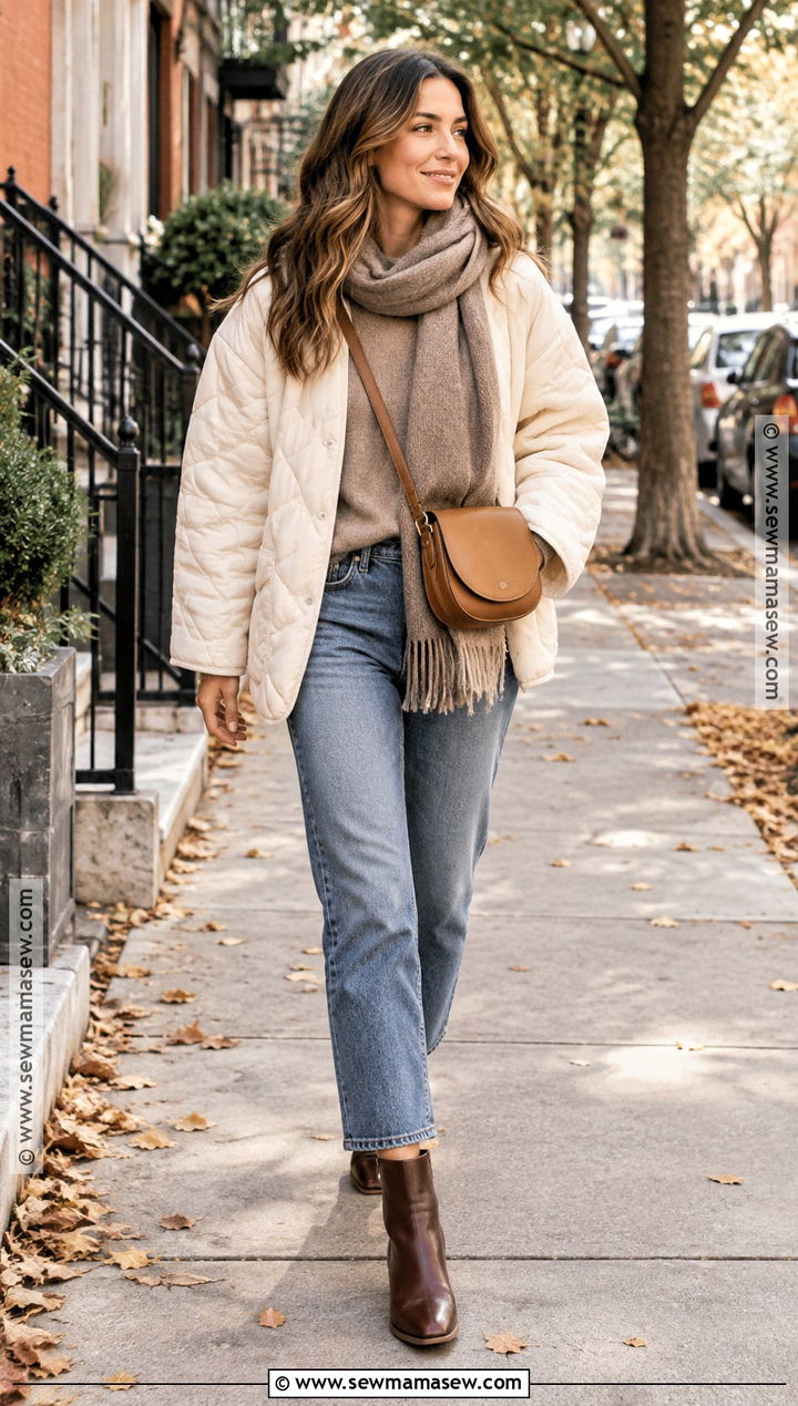 Cream Quilted Jacket With Straight Leg Jeans - 15 cream quilted jacket fall ideas